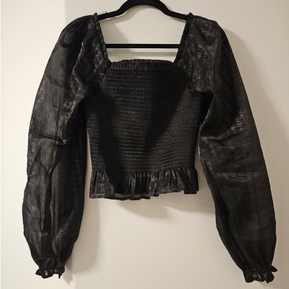 Wayf Black Sheer Puff Sleeve Smocked Peplum Top